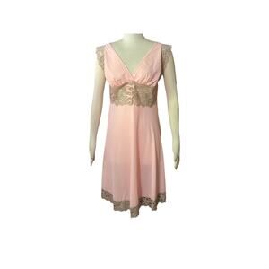 1960s Aristocraft Pink Tan Lace Accents V Neck Negligee Nightgown Size L